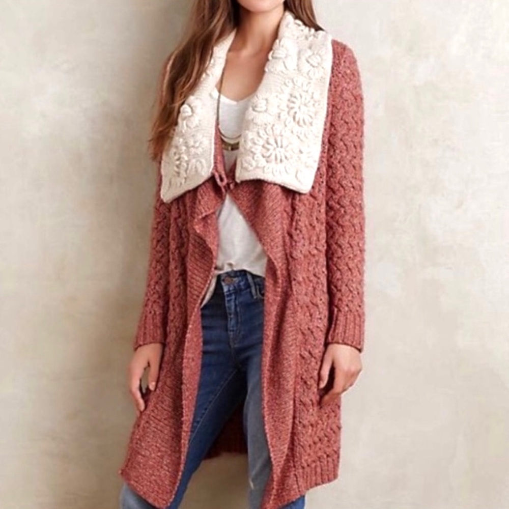 Anthropologie Knitted and Knotted Lilitz Shawl Cardigan Dusty Rose Cream Small